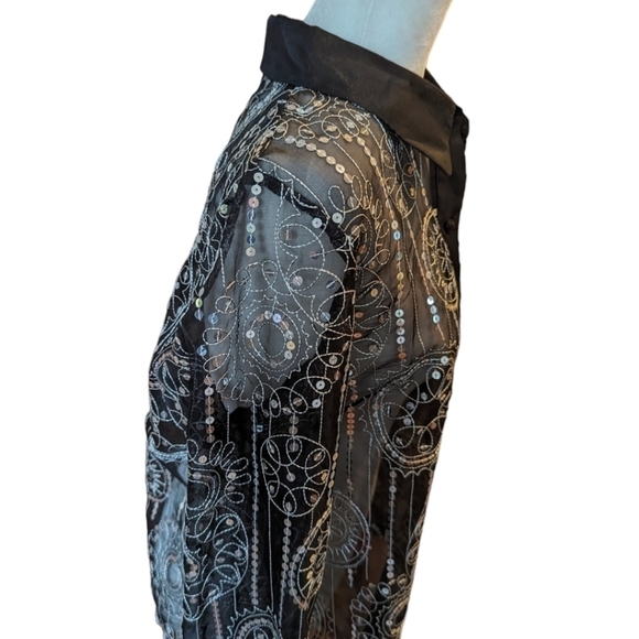 Bob Mackie black sheer witchy whimsigoth oversized silver sequins shirt sz M - Picture 8 of 10